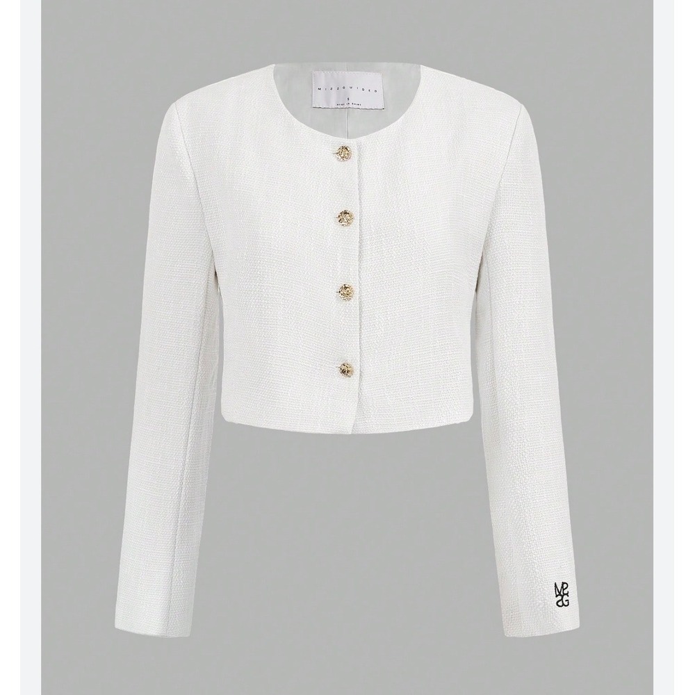 Missguided Womens Cropped Tweed Blazer Jacket Cream White Gold Buttons MG Logo M